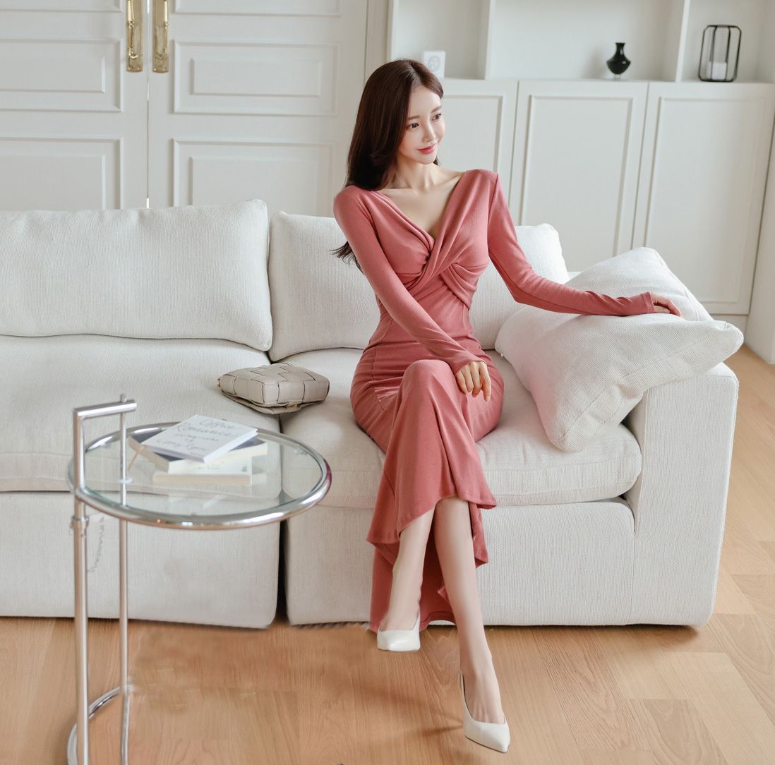 Eartlane-Women Deep V Cross Neck Grind Slim Hip Wrap Dress