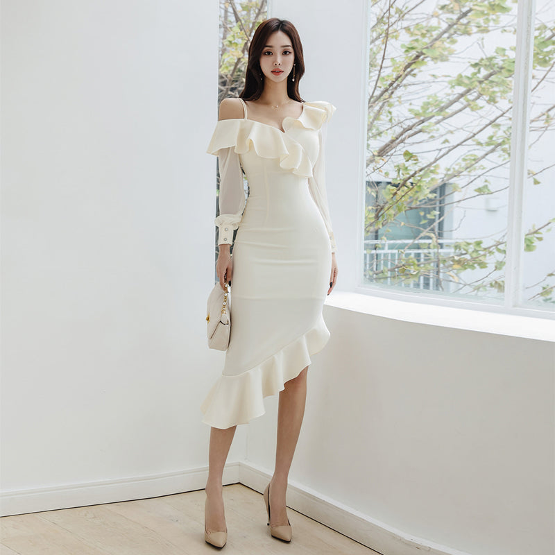 Eartlane-Women Sexy off-the-shoulder long-sleeved ruffle-edged asymmetrical hip-wrapped dress