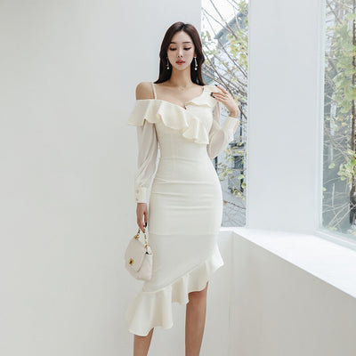 Eartlane-Women Sexy off-the-shoulder long-sleeved ruffle-edged asymmetrical hip-wrapped dress