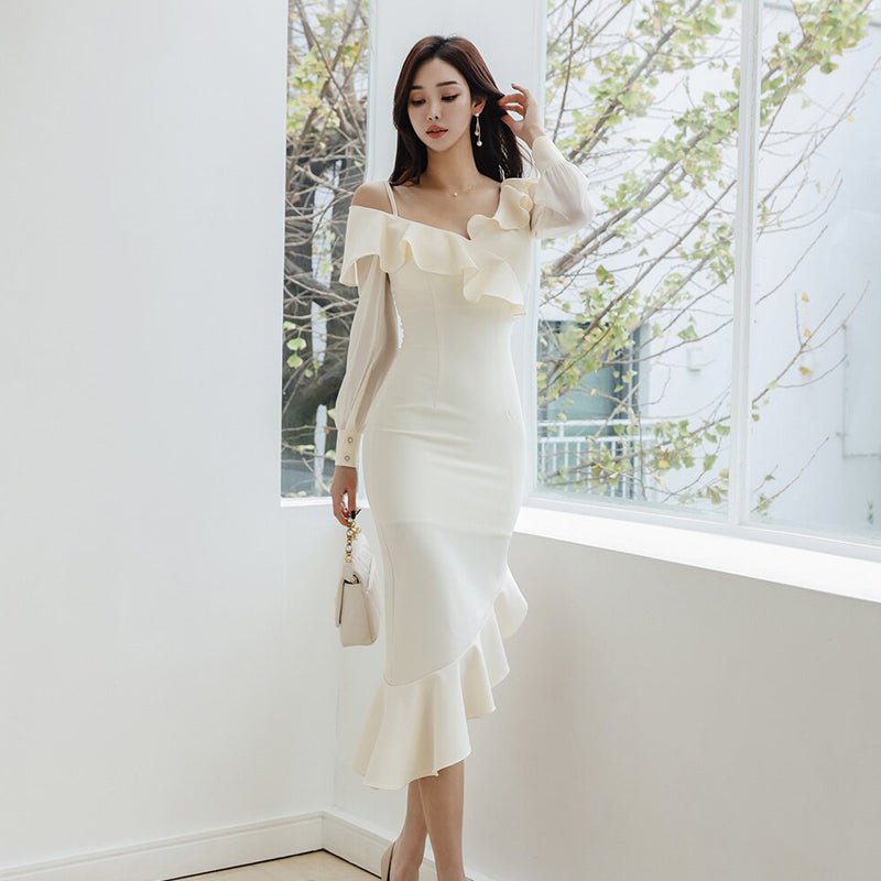 Eartlane-Women Sexy off-the-shoulder long-sleeved ruffle-edged asymmetrical hip-wrapped dress