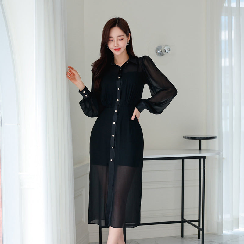 Fashion single-breasted temperament lapel tulle shirt dress