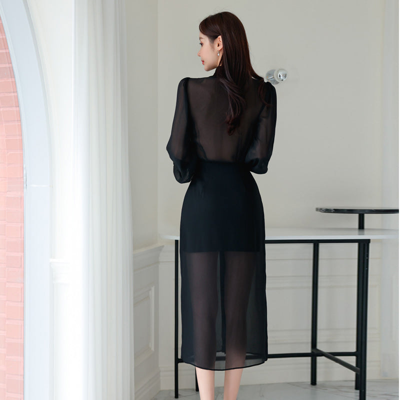 Fashion single-breasted temperament lapel tulle shirt dress