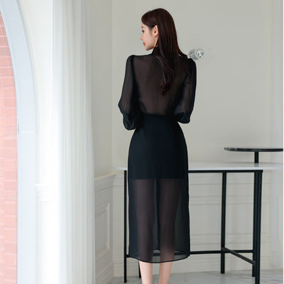 Fashion single-breasted temperament lapel tulle shirt dress