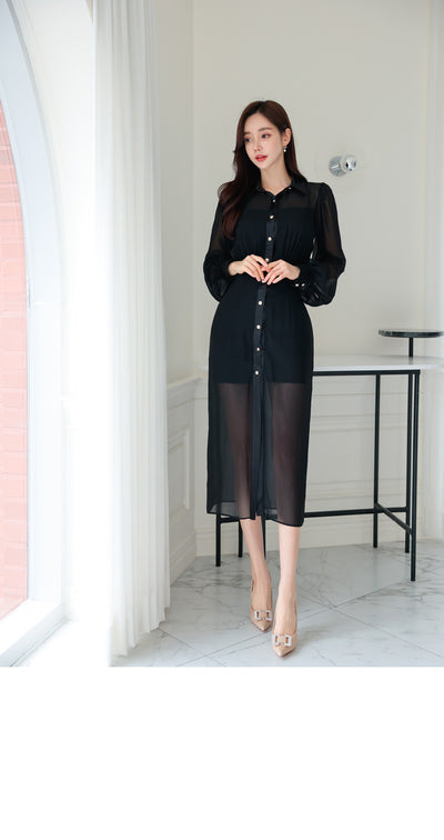 Fashion single-breasted temperament lapel tulle shirt dress