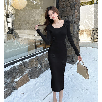 French Flower Waist Skinny Knitted Dress Long Sleeve Square Neck Hip Wrap Skirt