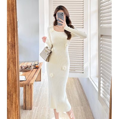 French Flower Waist Skinny Knitted Dress Long Sleeve Square Neck Hip Wrap Skirt