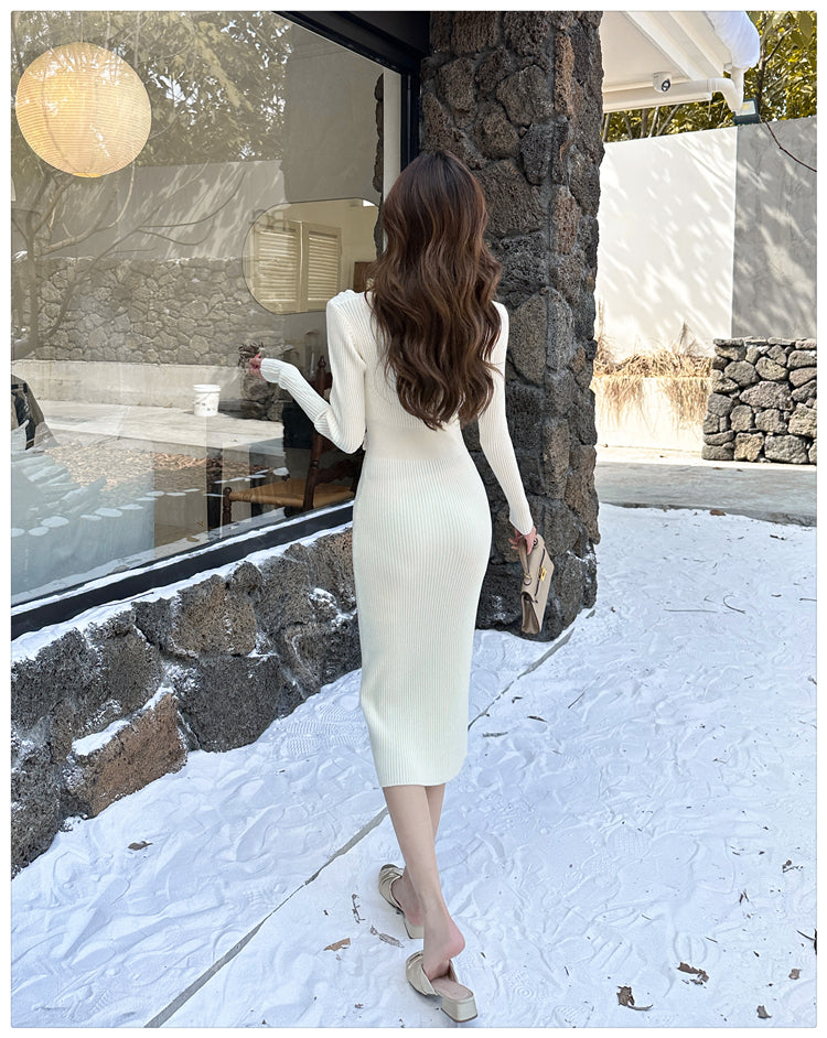 French Flower Waist Skinny Knitted Dress Long Sleeve Square Neck Hip Wrap Skirt