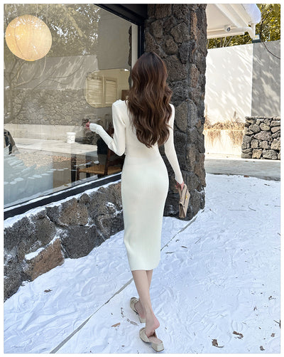 French Flower Waist Skinny Knitted Dress Long Sleeve Square Neck Hip Wrap Skirt