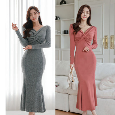 Eartlane-Women Deep V Cross Neck Grind Slim Hip Wrap Dress