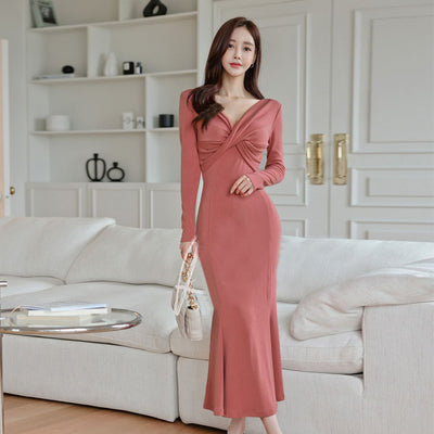 Eartlane-Women Deep V Cross Neck Grind Slim Hip Wrap Dress