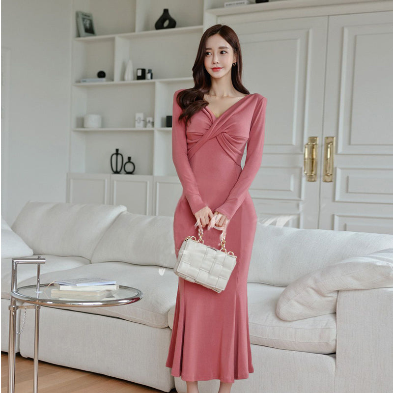 Eartlane-Women Deep V Cross Neck Grind Slim Hip Wrap Dress