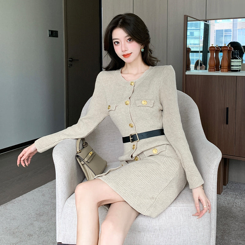 Fashion temperament Celebrity dress Xiaoxiangfeng waist knitted sweater short skirt