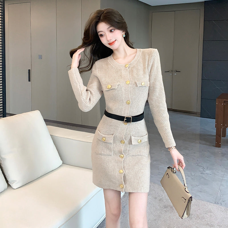 Fashion temperament Celebrity dress Xiaoxiangfeng waist knitted sweater short skirt