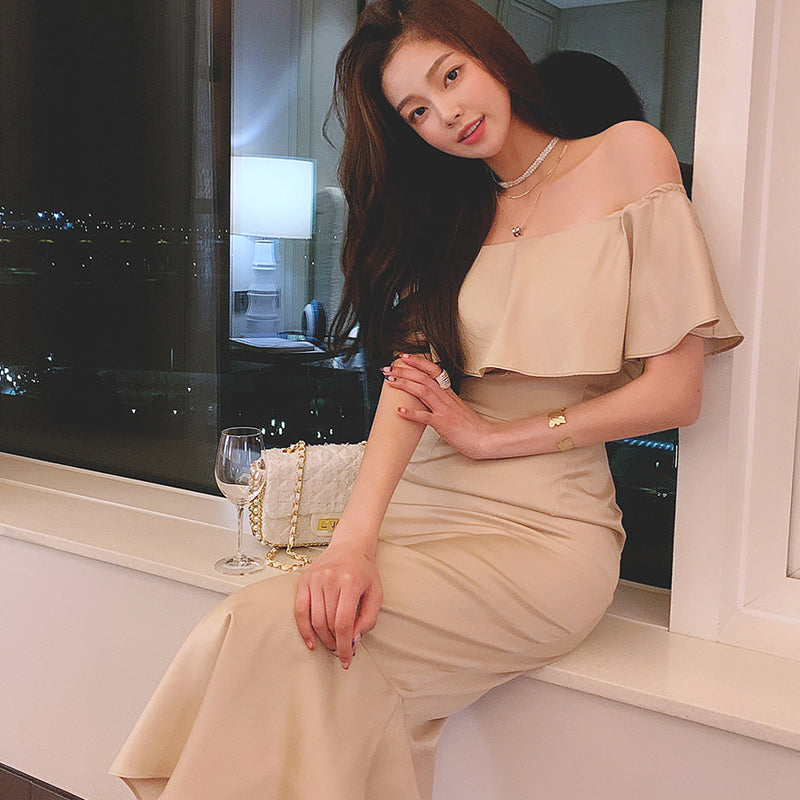 Sexy one-word collar ruffle leaf edge waist hip fish tail dress