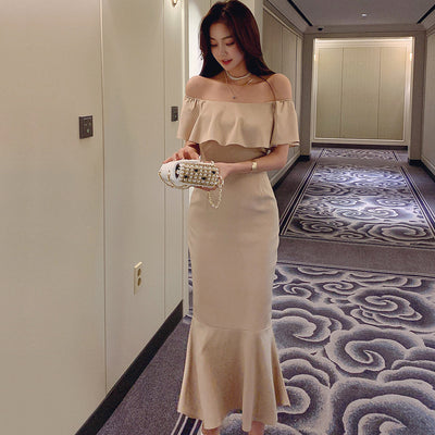 Sexy one-word collar ruffle leaf edge waist hip fish tail dress