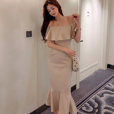 Sexy one-word collar ruffle leaf edge waist hip fish tail dress