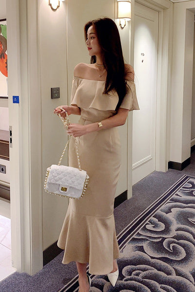 Sexy one-word collar ruffle leaf edge waist hip fish tail dress