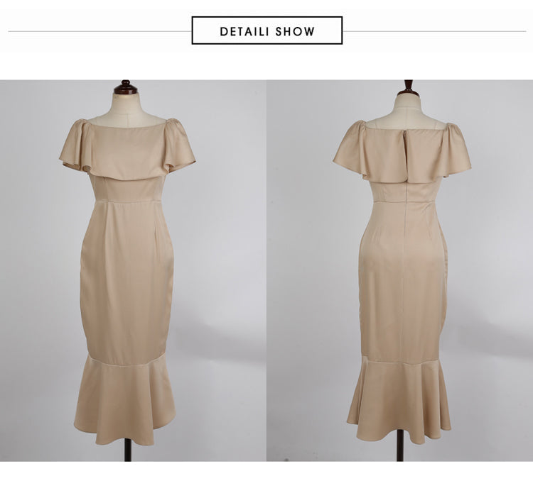 Sexy one-word collar ruffle leaf edge waist hip fish tail dress
