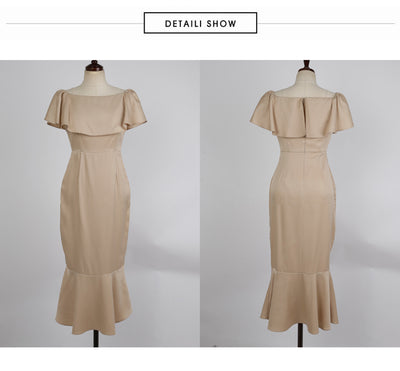 Sexy one-word collar ruffle leaf edge waist hip fish tail dress