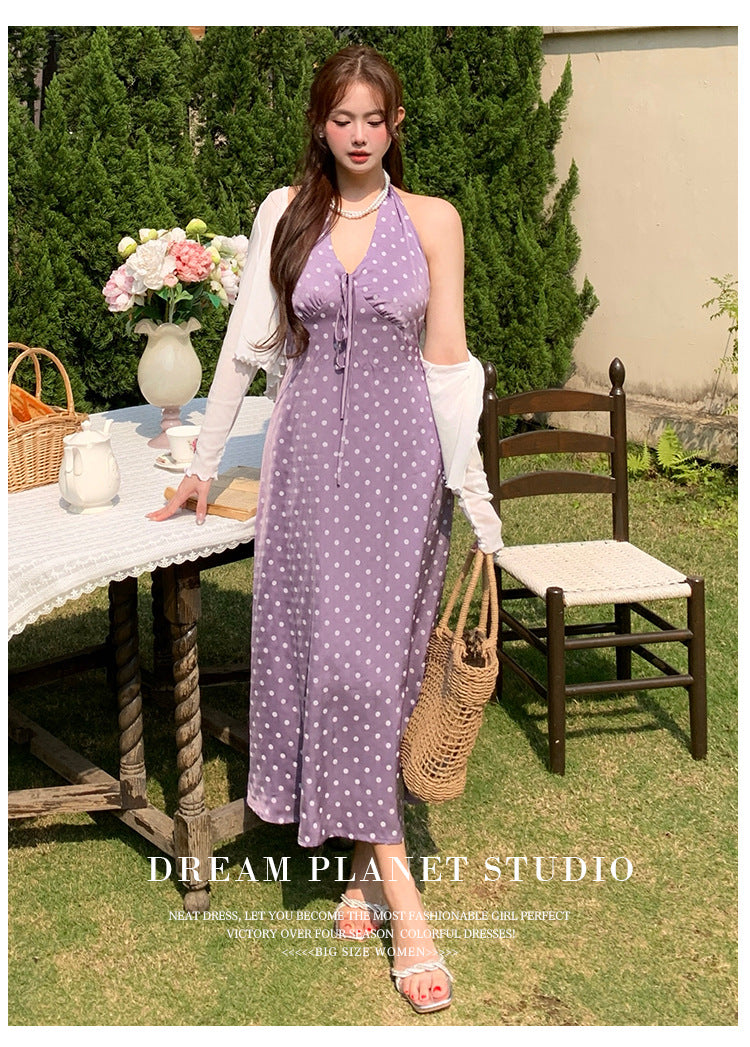 Off-the-Shoulder Purple Polka Dot Dress - Large Size French Retro Style