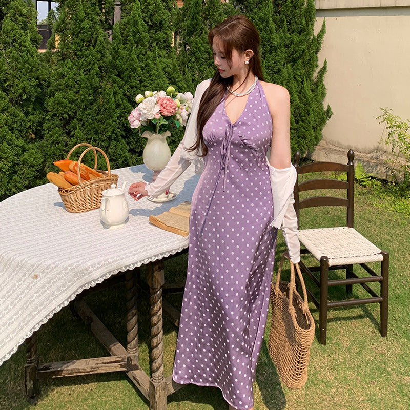 Off-the-Shoulder Purple Polka Dot Dress - Large Size French Retro Style