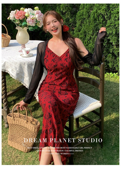 ‌French Retro Floral Dress – Plus Size Suspenders & Thin Fit