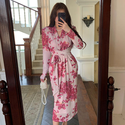 Elegant Plus Size French Mesh Dress - Retro Print and Slimming Fit