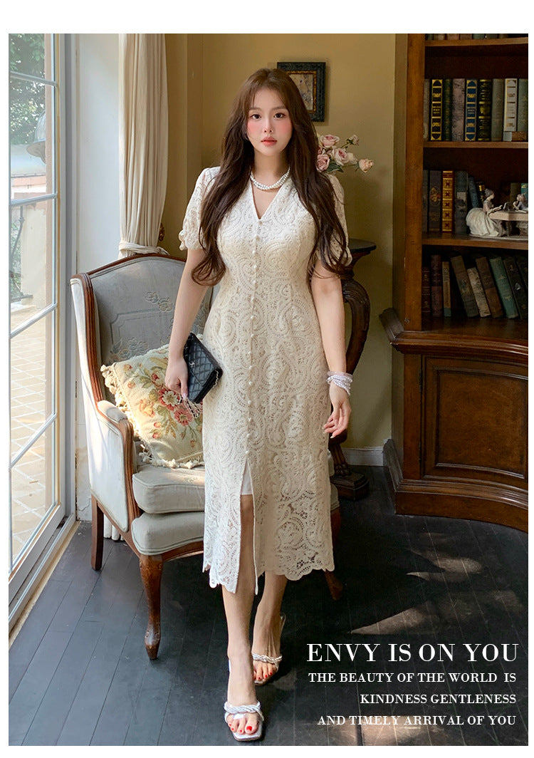 Elegant Plus Size Lace Dress - French Retro Style with Hip Fit