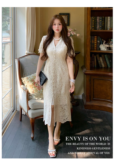 Elegant Plus Size Lace Dress - French Retro Style with Hip Fit