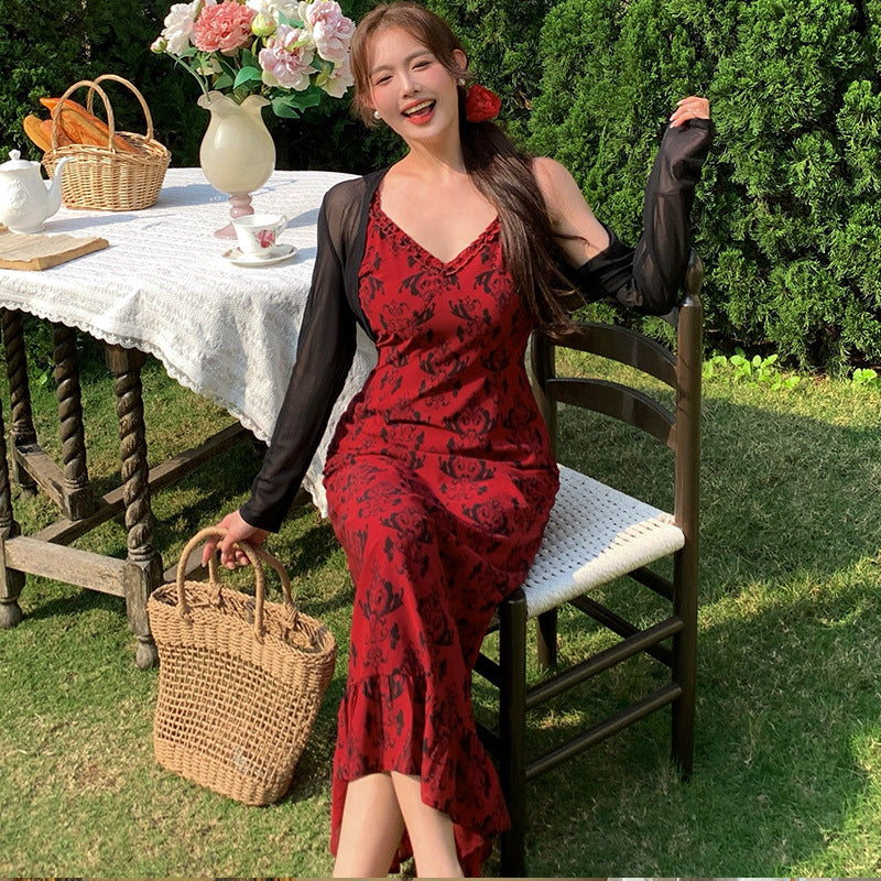 ‌French Retro Floral Dress – Plus Size Suspenders & Thin Fit