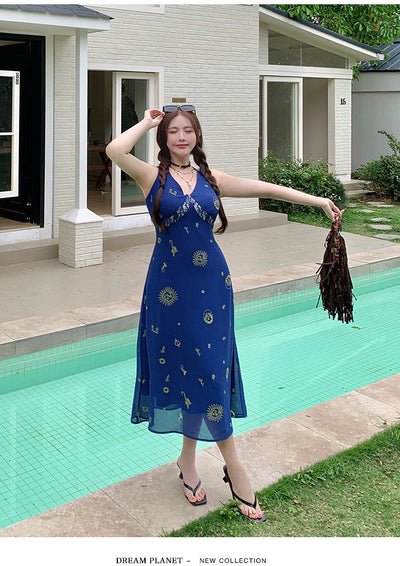 Plus Size Retro Floral Dress - V-Neck Chiffon Suspenders