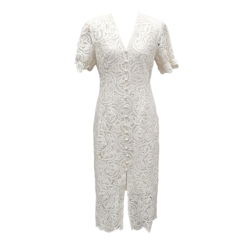 Elegant Plus Size Lace Dress - French Retro Style with Hip Fit