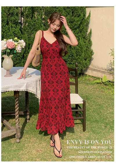 ‌French Retro Floral Dress – Plus Size Suspenders & Thin Fit