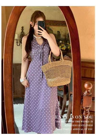 Off-the-Shoulder Purple Polka Dot Dress - Large Size French Retro Style