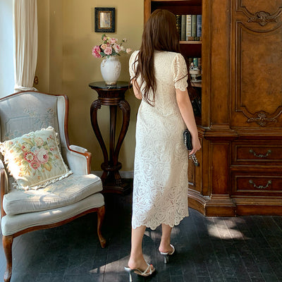 Elegant Plus Size Lace Dress - French Retro Style with Hip Fit