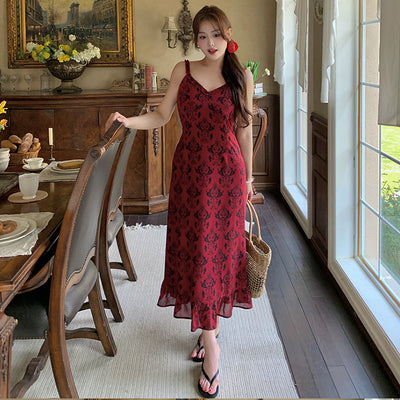 ‌French Retro Floral Dress – Plus Size Suspenders & Thin Fit