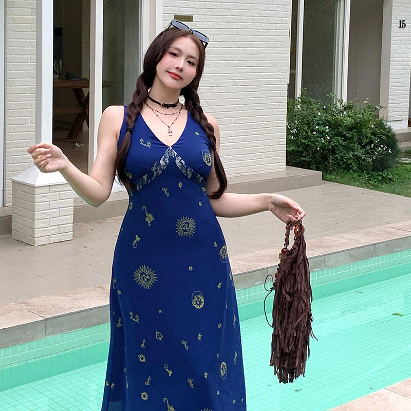 Plus Size Retro Floral Dress - V-Neck Chiffon Suspenders