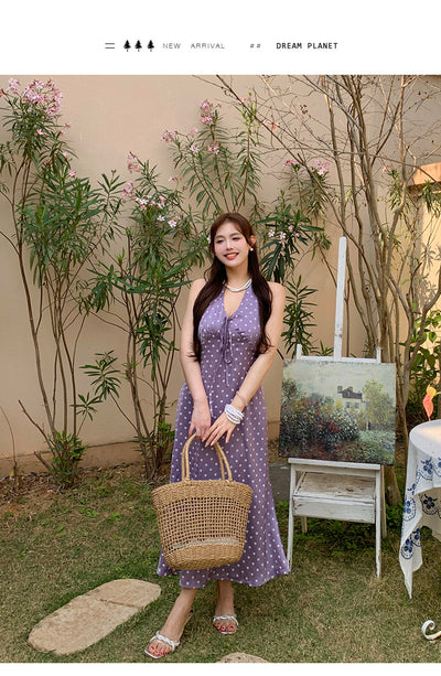 Off-the-Shoulder Purple Polka Dot Dress - Large Size French Retro Style