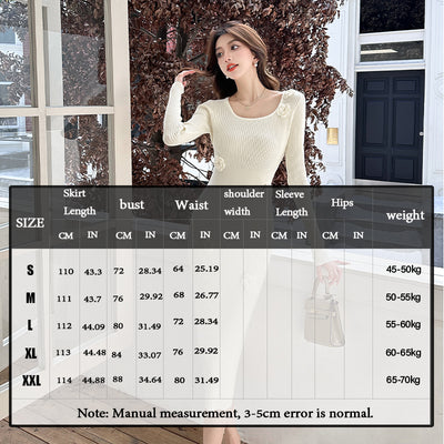 French Flower Waist Skinny Knitted Dress Long Sleeve Square Neck Hip Wrap Skirt